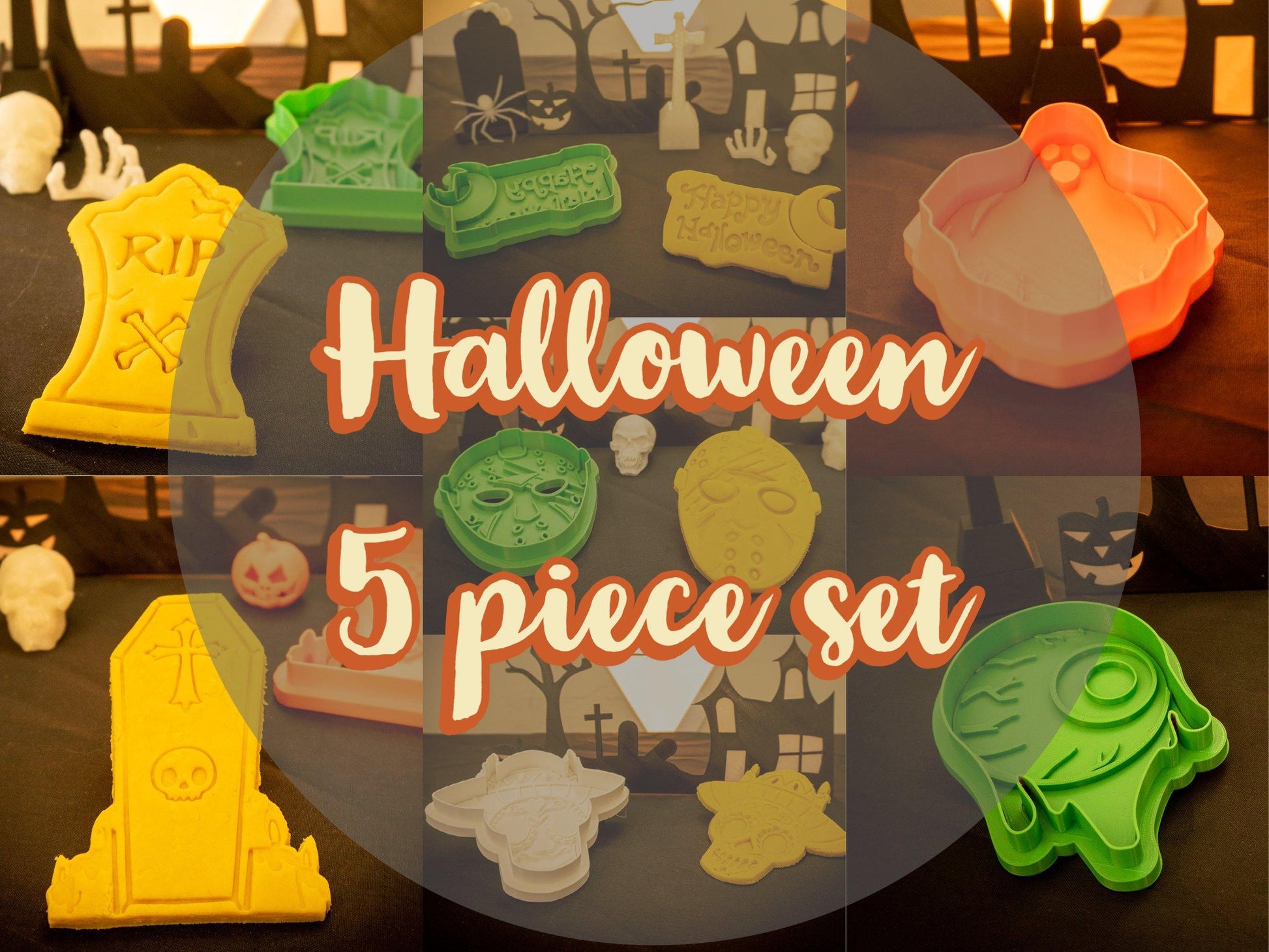 Halloween Cookie Cutters 5 Piece Set pick your own (Eye, Ghost, Jason, Happy Halloween, Tombstone, Coffin, and Sugar Skull) - Malta Cookie Cutters